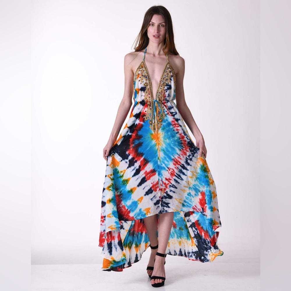 Flowy Vacation Multicolor Tie-Dye Halter Maxi Dress OS (XS–M) 🌴✨